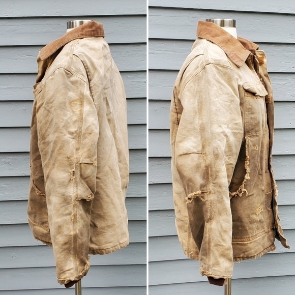 Vintage 90s y2k Carhartt Distressed Thrashed Tan Brown Canvas Work-Utility Coat - Picture 3 of 8